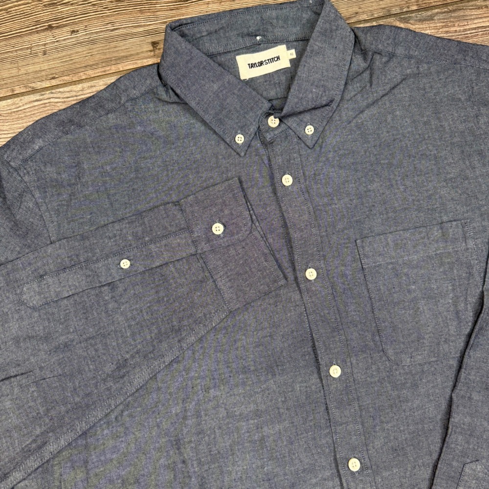 Taylor Stitch Mens 46 XXL The Jack Button Rinsed Indigo Chambray Oxford NWOT